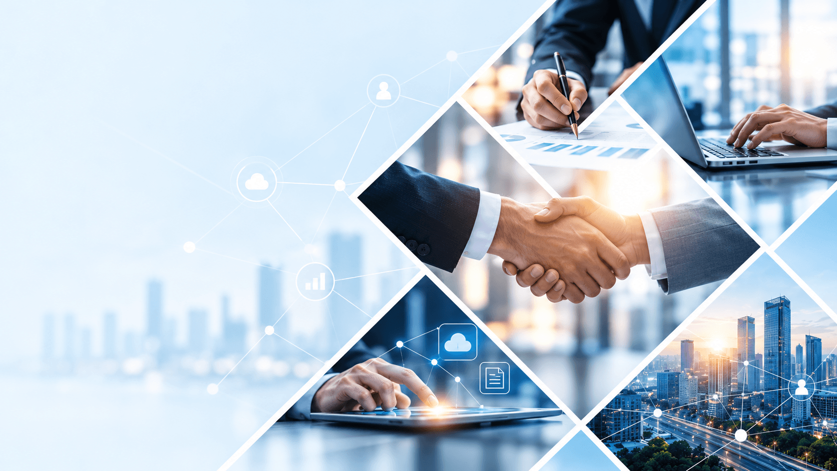 Business partners shaking hands beside financial technology