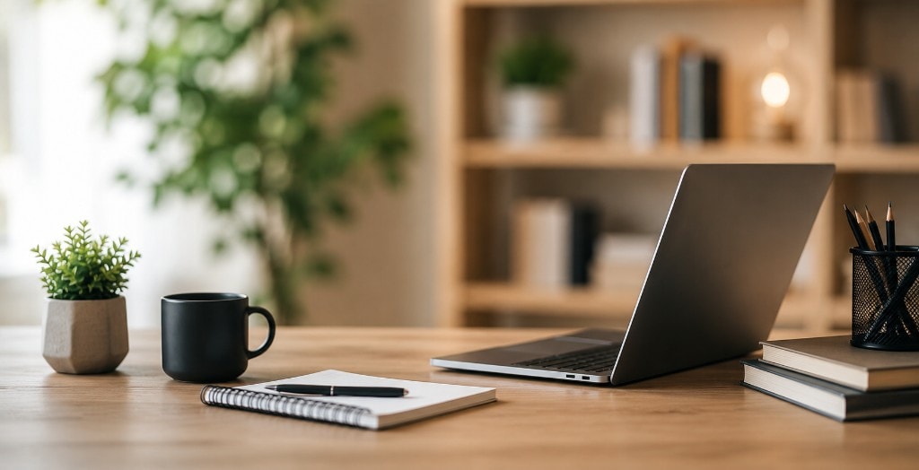 Workspace desk with laptop, notebook, and coffee — a space for writing and research